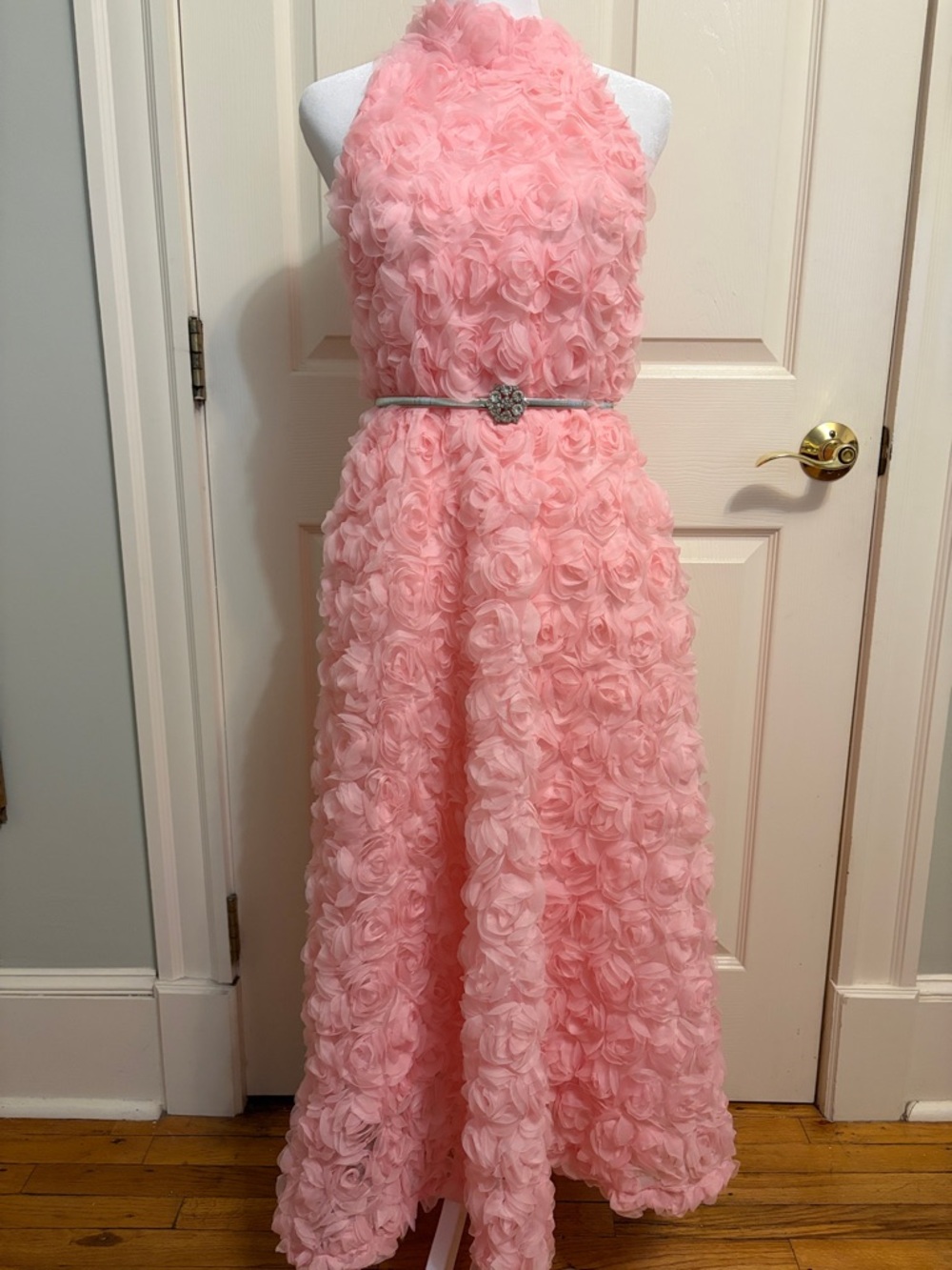 Classic Pink Floral Halo woman’s ' Dress with Decorative Belt